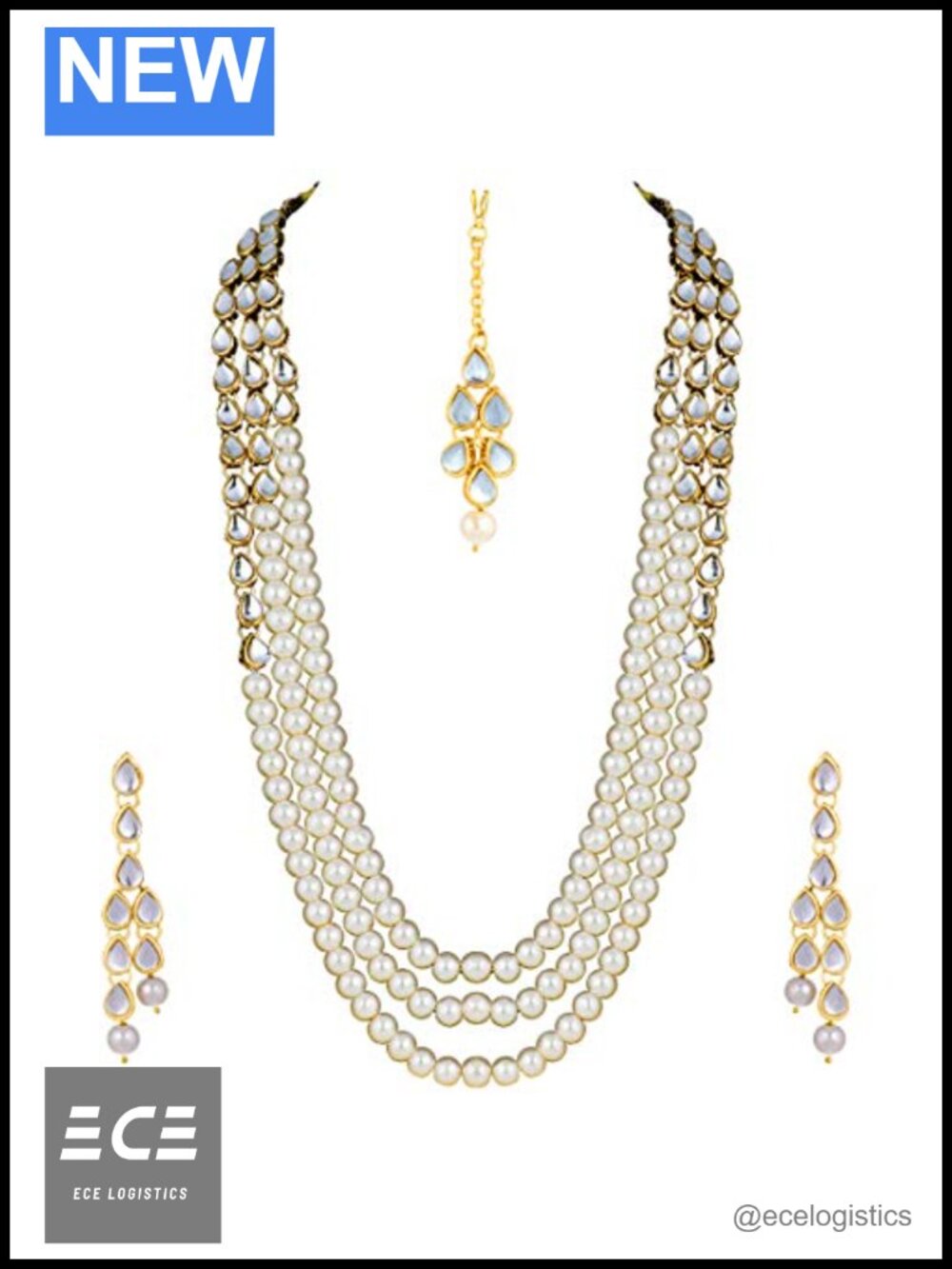 Kundan Beads Necklace Earrings Maang Tikka Set Indian Ethnic Jewelry